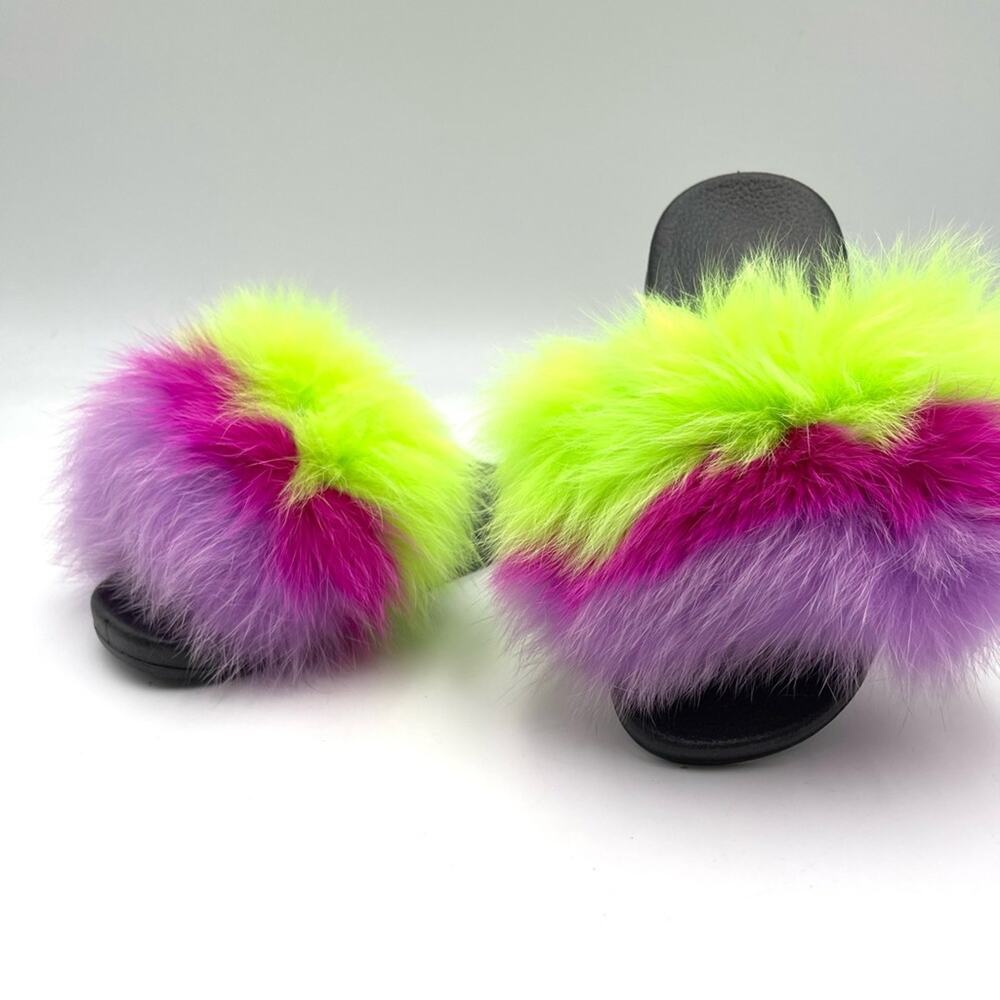 NEW Fox Fur Slides for Girls Comfort Open Toe Fur Slippers Outdoor SIZE 2.5 girl